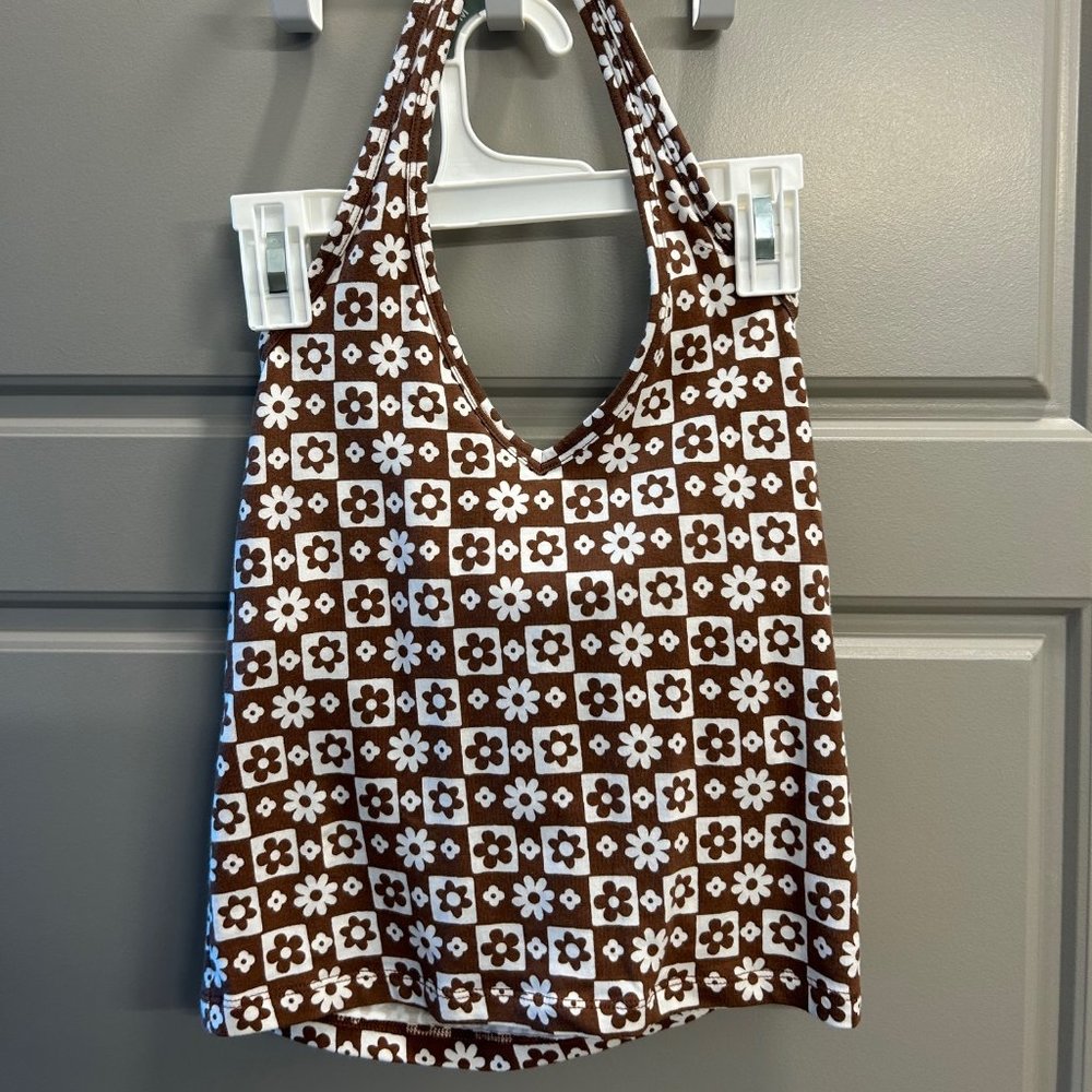 Hollister V-Neck Halter Top, Brown Flowers, Size M